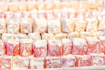 Turkish Delight Coated in Powdered Sugar – Close-Up. Restaurant Menu.