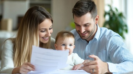 Obraz premium Happy family reviewing adoption documents, preparing for the final stages of adoption