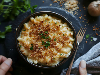 Creamy macaroni and cheese topped with crispy breadcrumbs, garnished with fresh herbs on a dark background.