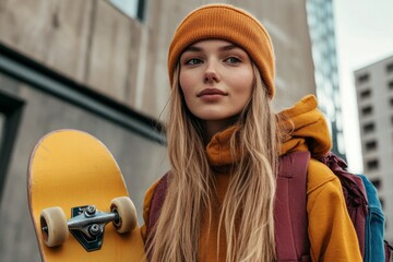 Stylish blonde skater girl posing with yellow skateboard in urban setting