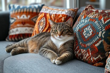 Adorable tabby cat resting comfortably on a cozy sofa adorned with vibrant, patterned cushions, enjoying a moment of tranquility