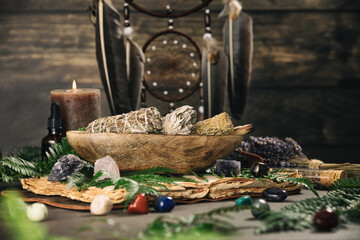 Wooden Bowl with Sage, Crystals, and Dreamcatcher Background