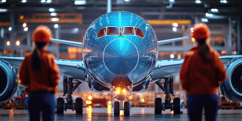 Technicians look on as a large passenger aviation aircraft prepares to leave the construction hanger on its first flight.
