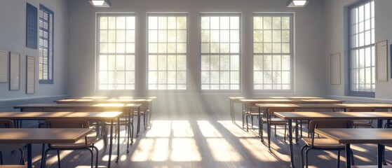 A bright, airy classroom with empty desks and large windows, illuminated by sunlight streaming through, creating a serene learning environment.