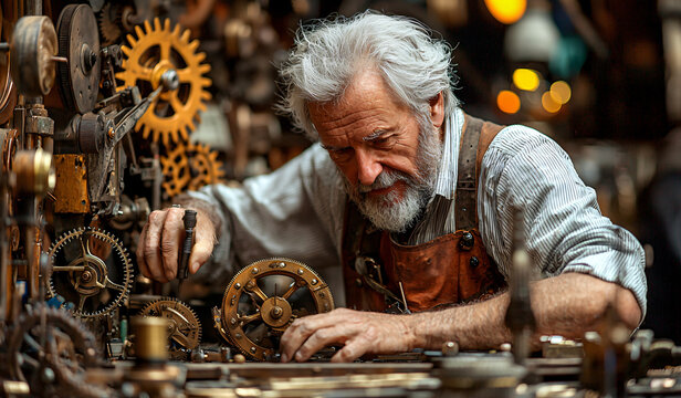 skilled clockmaker meticulously assembles intricate gears and mechanisms