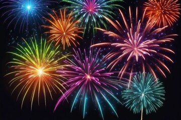 Colorful fireworks on night sky background. Celebration and holidays concept. Independence Day 4th of July, New Year, festival. Bright explosions of lights in sky. Place for your text.