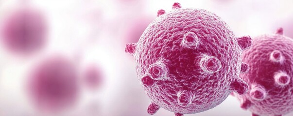 A close-up view of a virus depicted in a pinkish hue, showcasing its detailed structure against a soft, blurred background.