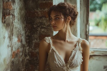 Fototapeta premium Beautiful young woman with elegant hairstyle wearing vintage lingerie is posing near old window in abandoned house
