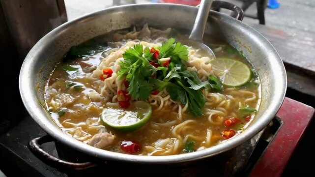 A bowl of soup with noodles and lime on top. The soup is hot and steamy. The lime adds a tangy flavor to the soup