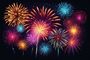 Colorful fireworks on night sky background. Celebration and holidays concept. Independence Day 4th of July, New Year, festival. Bright explosions of lights in sky. Place for your text.
