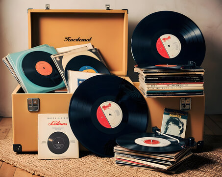 A vintage record player set with vinyl records in a cozy room, capturing the nostalgic essence of music from the past