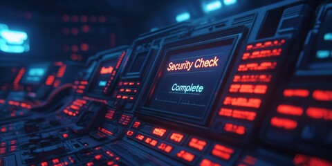 Obraz premium A futuristic control panel displaying alerts about a security breach, featuring glowing red text against a dark, high-tech background.