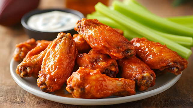 Delicious hot chicken wings served with celery and dipping sauce, perfect for game day or a tasty snack.