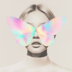 A surreal portrait of a woman wearing large, rainbow butterfly wings over her eyes.