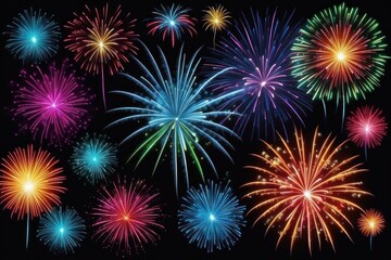 Naklejka premium Colorful fireworks on night sky background. Celebration and holidays concept. Independence Day 4th of July, New Year, festival. Bright explosions of lights in sky. Place for your text.