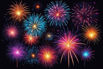 Naklejka premium Colorful fireworks on night sky background. Celebration and holidays concept. Independence Day 4th of July, New Year, festival. Bright explosions of lights in sky. Place for your text.