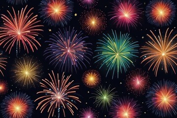 Colorful fireworks on night sky background. Celebration and holidays concept. Independence Day 4th of July, New Year, festival. Bright explosions of lights in sky. Place for your text.