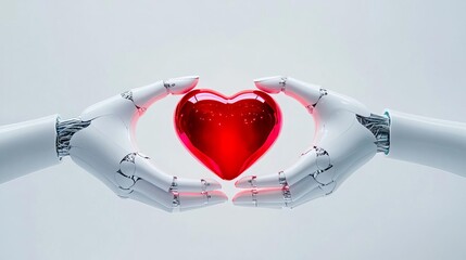 Two AI hands holding a glowing heart. Symbolizing of digital love and connection.