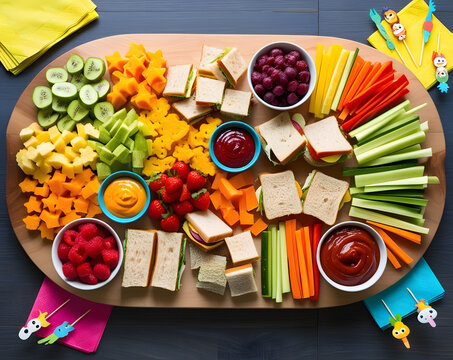 A colorful and playful spread of healthy snacks perfect for a children's gathering or afternoon playdate with friends