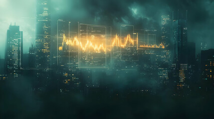 Futuristic cityscape with glowing data visualization and digital graphs, symbolizing progress and innovation.