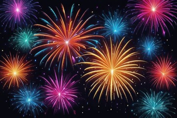Fototapeta premium Colorful fireworks on night sky background. Celebration and holidays concept. Independence Day 4th of July, New Year, festival. Bright explosions of lights in sky. Place for your text.