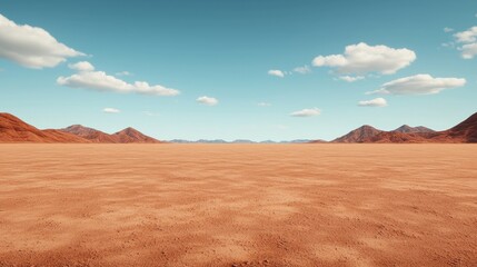 Fototapeta premium Vast Desert Landscape Under Clear Blue Sky with Soft White Clouds and Mountains in the Distance, Perfect for Natural Scenery and Outdoor Themes
