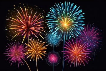 Fototapeta premium Colorful fireworks on night sky background. Celebration and holidays concept. Independence Day 4th of July, New Year, festival. Bright explosions of lights in sky. Place for your text.