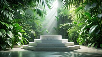 Fototapeta premium A serene jungle setting with a white marble platform bathed in sunlight, perfect for product display