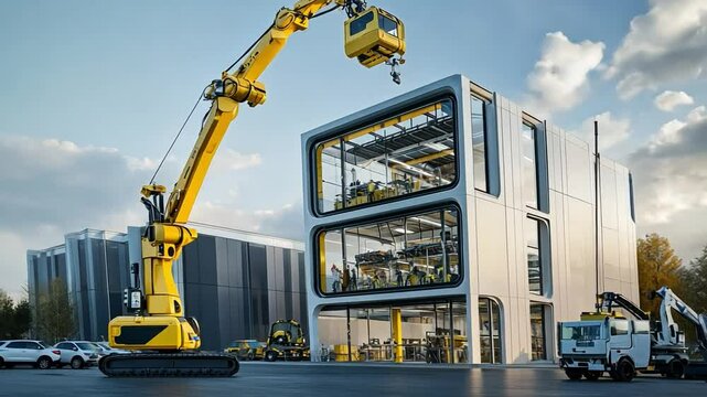 Modern Construction Site: A yellow crane lifts a prefabricated section onto a sleek, modern building under construction.
