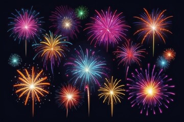 Colorful fireworks on night sky background. Celebration and holidays concept. Independence Day 4th of July, New Year, festival. Bright explosions of lights in sky. Place for your text.