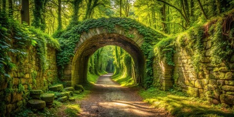 A stone archway, overgrown with greenery, leads into a winding forest path, dappled with sunlight, creating a picturesque scene of natural beauty.