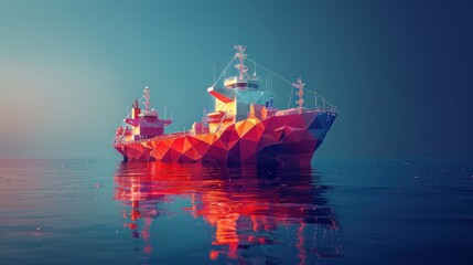 Fototapeta premium A low-poly, colorful cargo ship sails on a calm sea at sunset, with a reflection in the water.