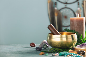 Golden Singing Bowl with Crystals and Green Ferns