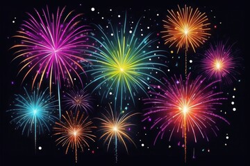 Fototapeta premium Colorful fireworks on night sky background. Celebration and holidays concept. Independence Day 4th of July, New Year, festival. Bright explosions of lights in sky. Place for your text.