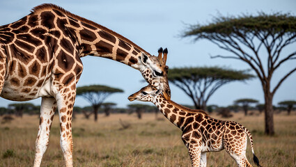 Obraz premium Mother and baby giraffe bonding in the African wilderness.
