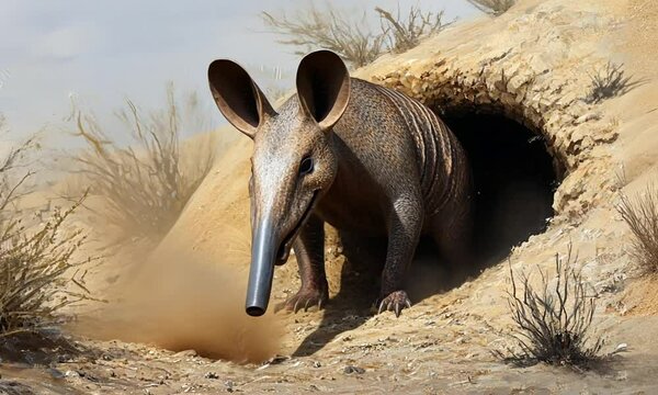 An Illustrated Representation of the Prehistoric Mammal, the Aremorph, Emerging from its Burrow in a Desert Landscape Surrounded by Dry Brush and Sunlit Terrain