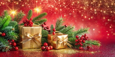 Festive Christmas Gifts Adorned with Gold Ribbons and Holly Berries Against a Sparkling Red Background