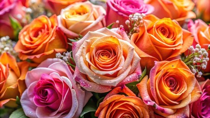Obraz premium A close-up view of a vibrant bouquet of roses with a mix of soft pink and bright orange hues, showcasing the delicate petals and a subtle dewdrop shimmer