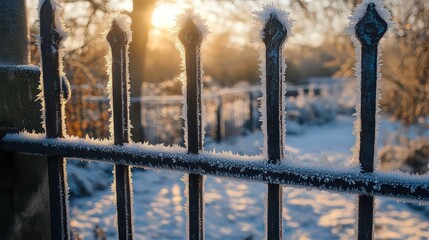 A frosty metal fence with the sun shining through the bars.