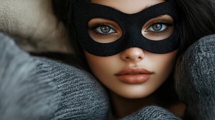 Mystical Elegance: Woman in Black Mask with Cozy Textures