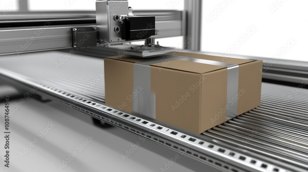 Poster automated system moving cardboard box on conveyor belt