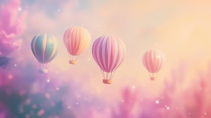 Colorful hot air balloons float serenely in a dreamy pastel sky, creating a whimsical and tranquil scene.