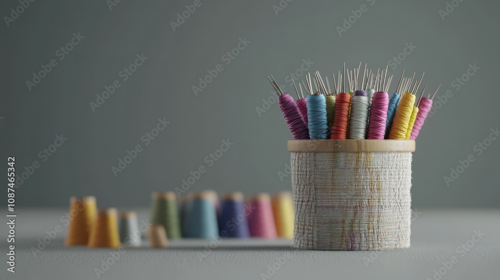 Poster colorful thread spools in a fabric container