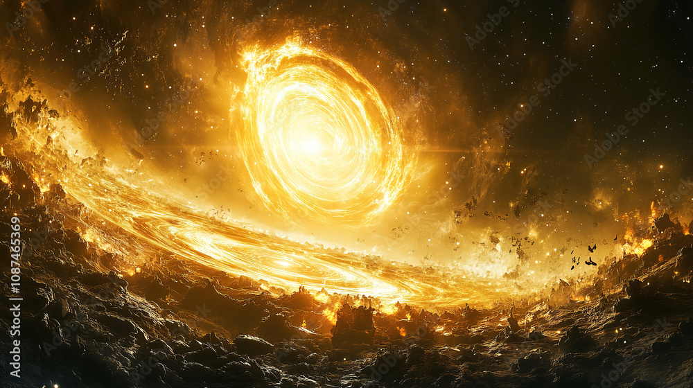 Poster A stunning cosmic event showing a glowing star formation emerging from dark space with swirling clouds at dusk. Generative AI