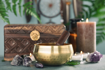 Decorative Singing Bowl with Wooden Chest and Crystals