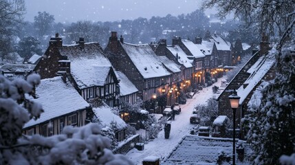Charming snowy street with quaint houses under a winter sky. Soft light glimmers, creating a cozy winter atmosphere for all.