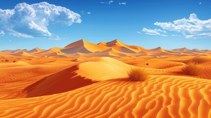 Fototapeta premium A vast expanse of sand dunes stretches across the desert landscape, with a few scattered tufts of vegetation and a clear blue sky above.