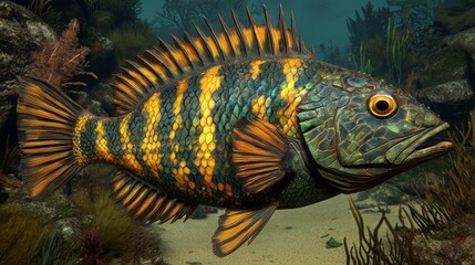 Naklejka premium Vibrant yellow and green fish with spiky fins swimming underwater among coral.