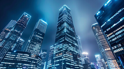 A Modern Skyscraper Skyline at Night, Illuminated by City Lights, Showcasing the Architectural Beauty and Urban Energy of the City Against a Dark Sky

