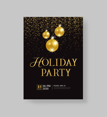 holiday party and happy new year party invitation card design. flyer. poster and greeting card banner template concept. gold color design. flat vector illustration